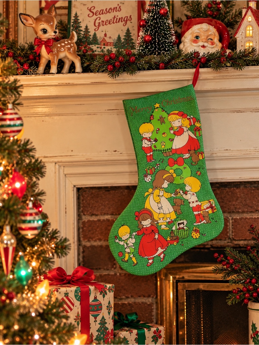 Vintage Joan Walsh Anglund Christmas Stocking 1977 Cotton Green Puppy Kitten 70s